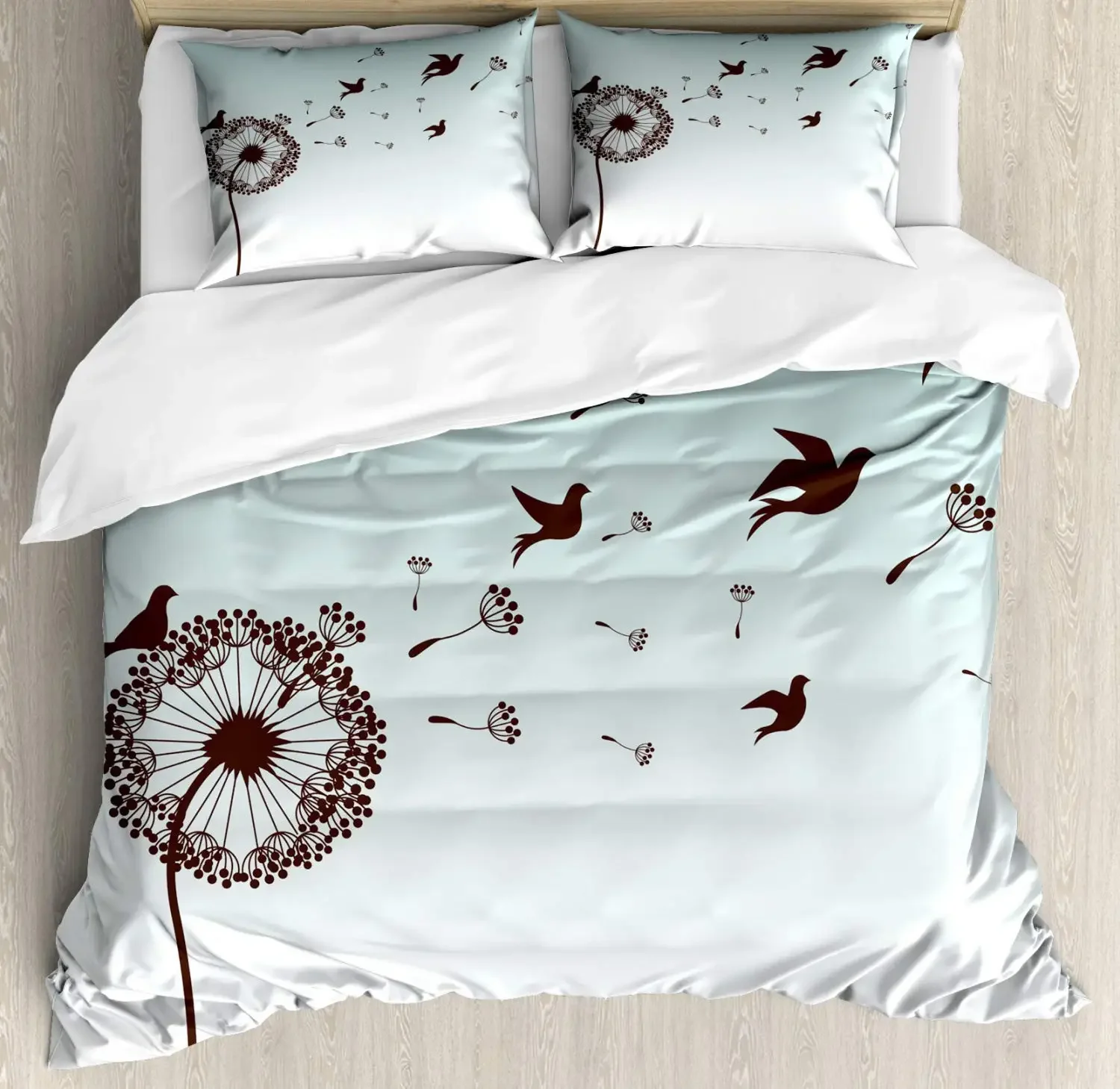 Funda nórdica artística, arreglo floral de diente de león, pétalos, palomas, siluetas voladoras, flores de fantasía, ropa de cama decorativa, marrón turquesa
