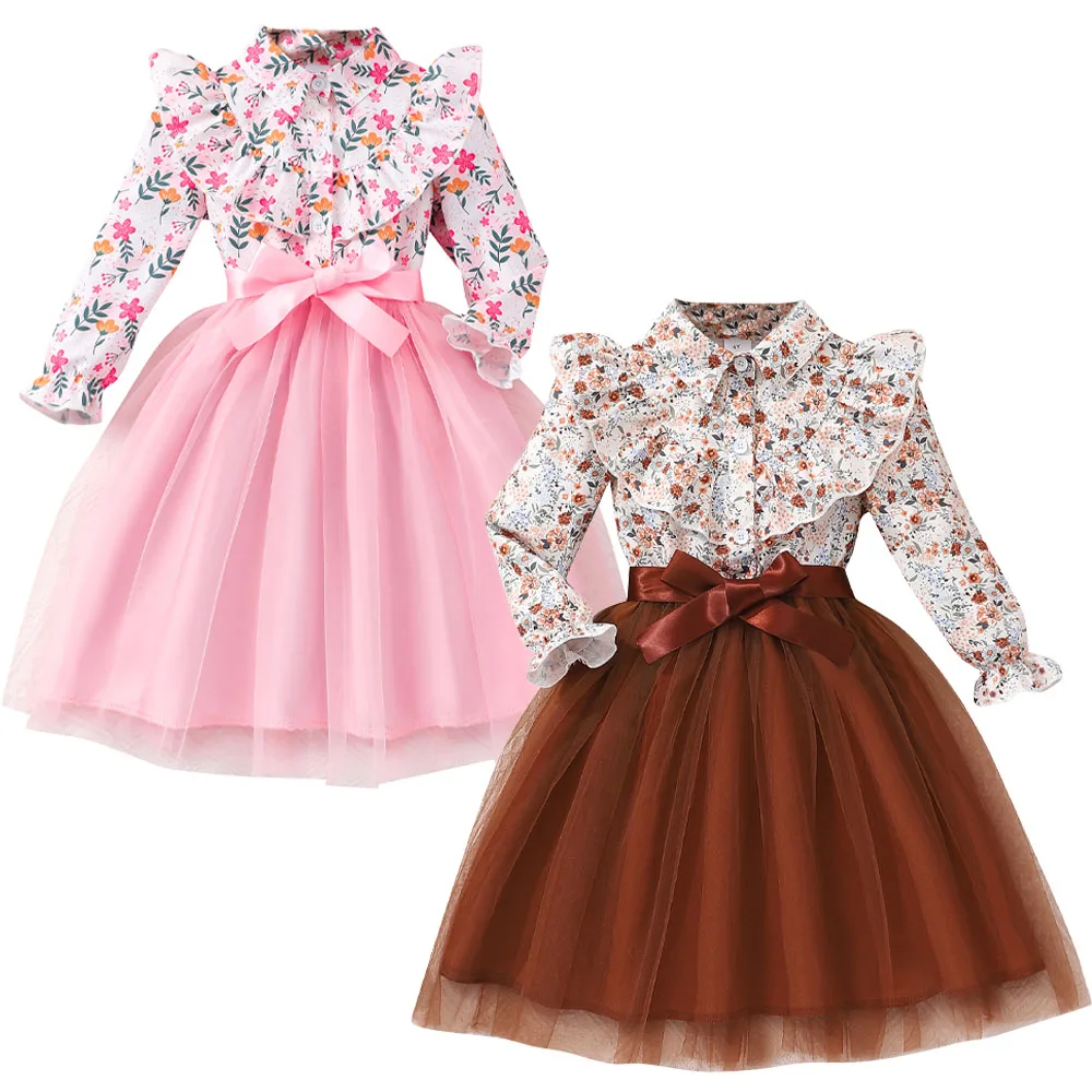 2-12Y Floral Girl Dress Mesh Ball Gown Party Formal Wedding Elegant Outfit Girls Clothes Shirt Dresses Kids Children Boutique