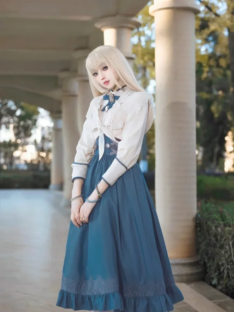 

Панк-готический наряд для вечеринок, винтажный элегантный комплект платья Лолиты, женский комплект с милым бантом принцессы, кружевная рубашка с рюшами Y2k, тонкая юбка, комплект из 3 предметов