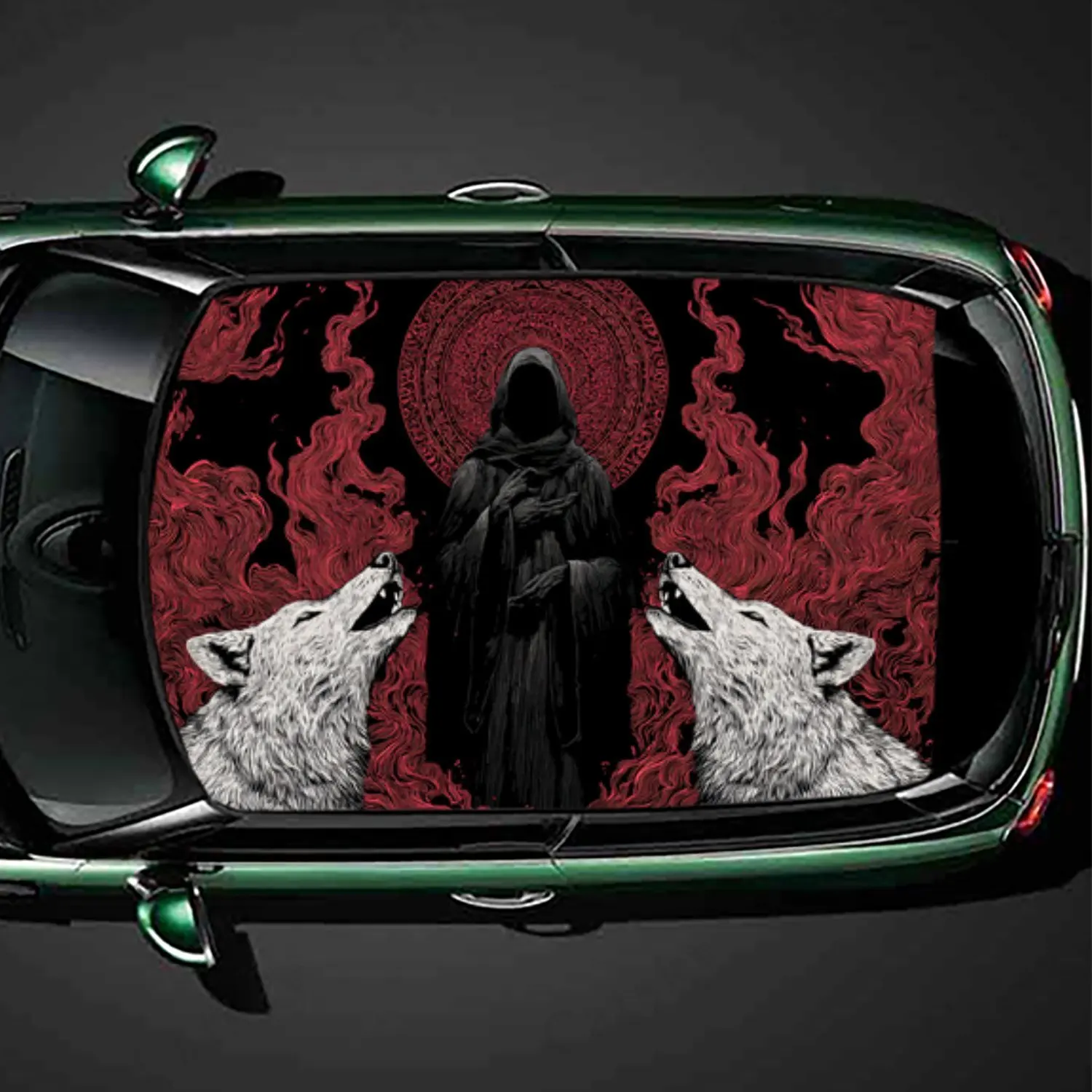 

Eye - Catching Grim Reaper & Wolf Car Roof Vinyl Wraps Sticker, Auto Decal, Artistic Vehicle Decoration, Self-adhesive Waterproo