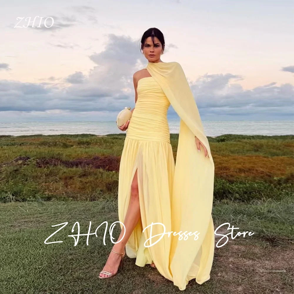 ZHIO Elegant Yellow Evening Dress with Jacket A-Line Pleat Floor Length Chiffon Saudi Arabic Formal Occasion Party Gown Custom
