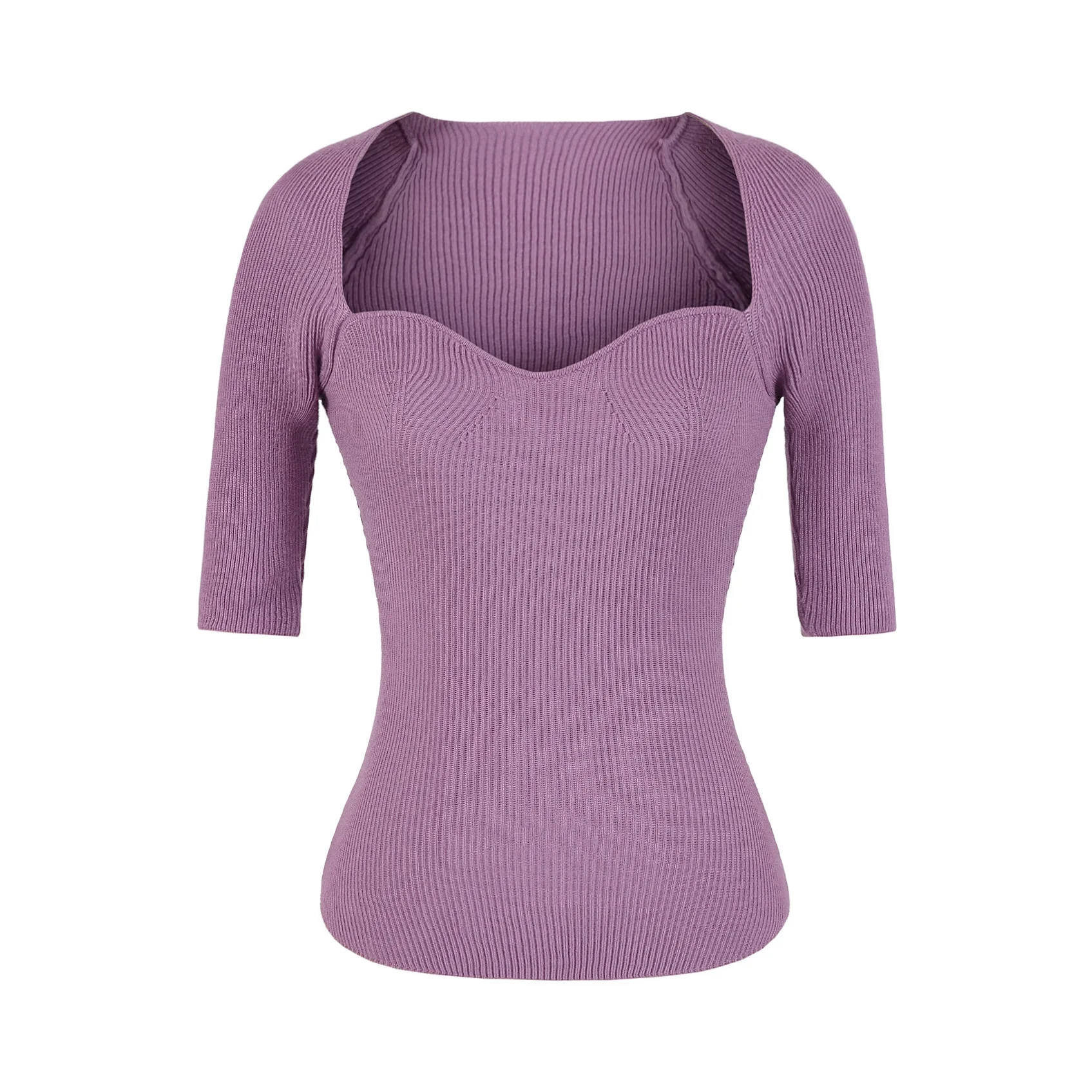 French-style square-neck mid-sleeve slim-fit top  spring-summer new vertical ribbed knit short-sleeve pullover sweater   UJ