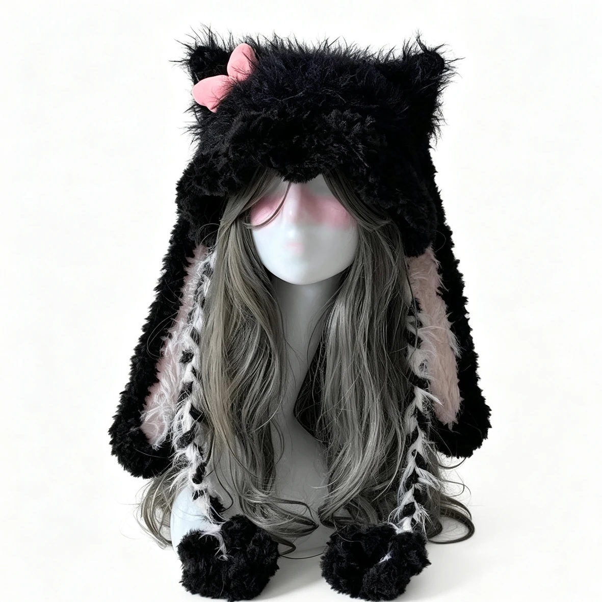 Custom Handmade Crochet Black Pink Rabbit Bunny Ears Hat Women Fuzzy Bow Knit Winter Warm Beanie Kawaii Y2K Fairycore Headwarmer