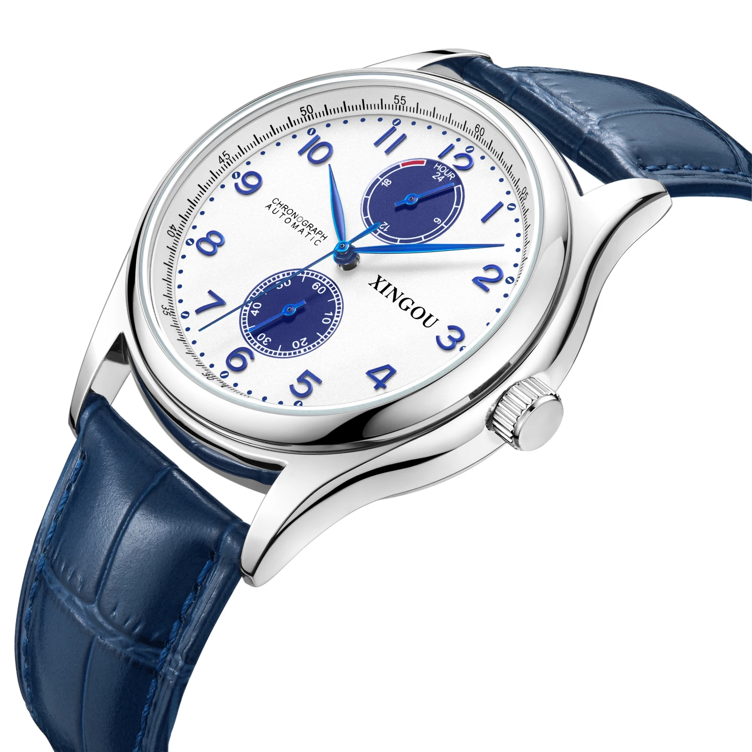 Men's Automatic Mechanical Watch Blue Genuine Leather Strap 24 Hour Subdial 3ATM Water Resistant Dress Wristwatch