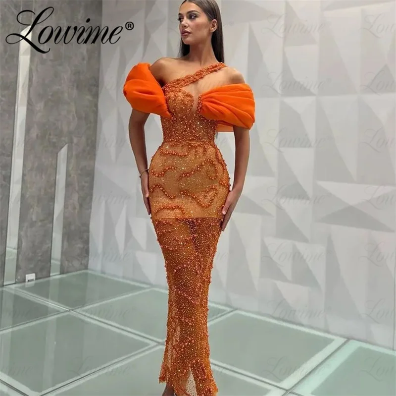 2023 Haute Couture Beaded Orange Party Dresses Off Shoulder Arabic Mermaid Evening Gowns Floor Length Customize Prom Dress Robes