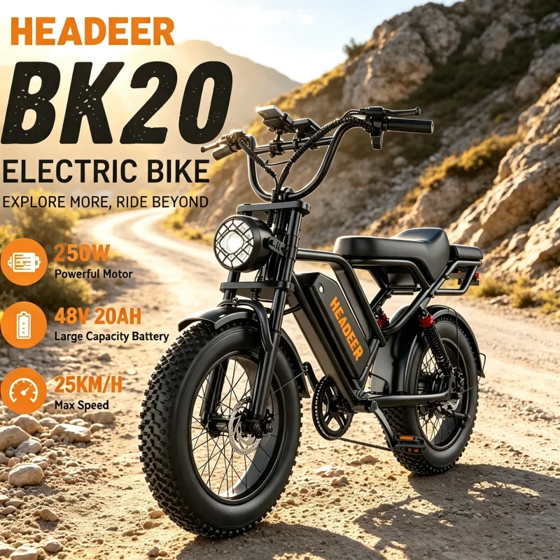 Image of Head BK20 Elektrofahrrad, breite 20-Zoll-Reifen, 250W Motor, 48V 20Ah Batterie, Höchstgeschwindigkeit 50 km/h, Doppelscheibenbremsen, LCD-Display