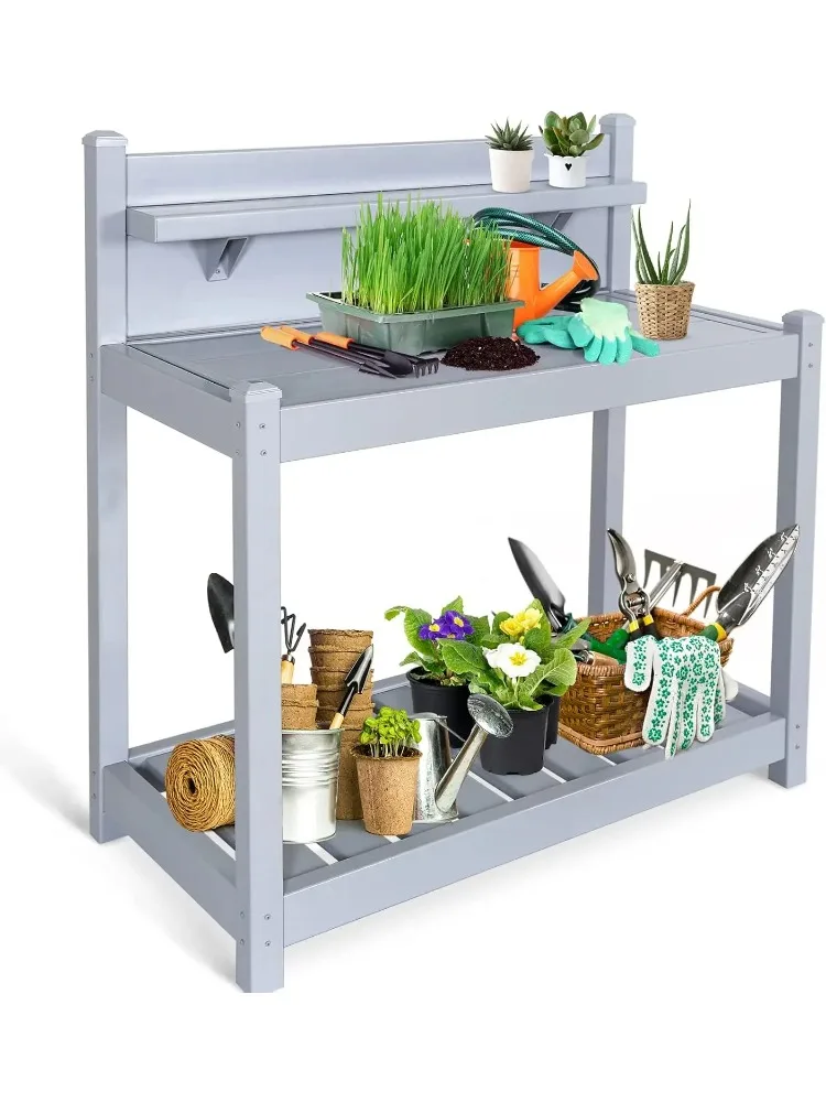 

Outdoor Indoor Maintenance Free Vinyl Garden Potting Bench, Waterproof Potting Table with Open Shelf, Lower Storage,
