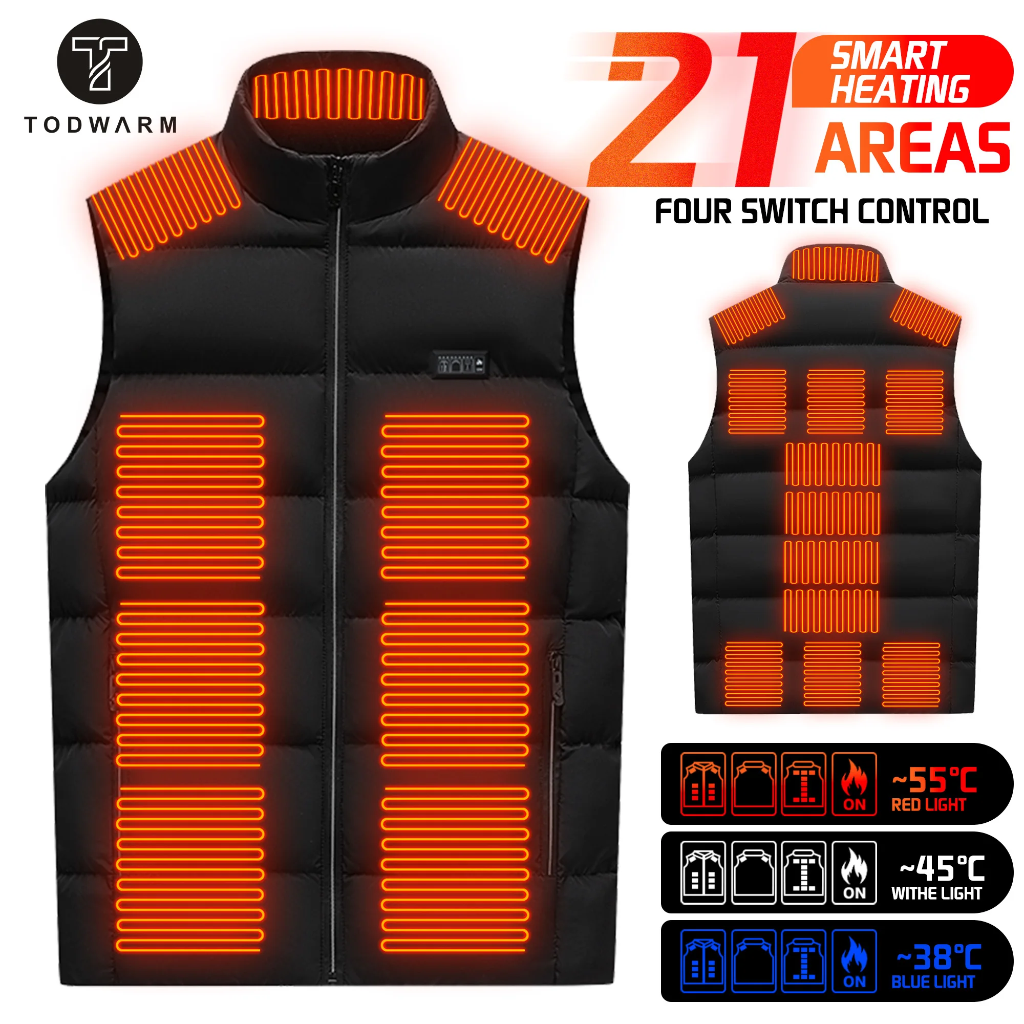 TODWARM 21 Areas Heated Vest Men Women's Warm Vest USB Men's Heating Jacket Winter Heated Vest Ski Clothing Hiking Coat Heated