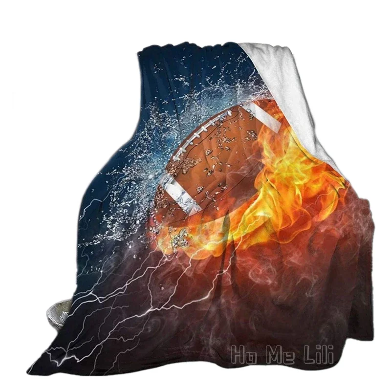 American Football Rugby In Fire And Water Flame Soft Cozy Warm Flannel Blankets For All Seasons Adults Camping Use