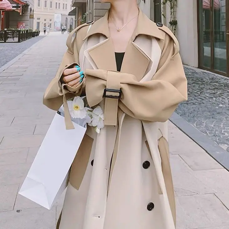 Fashion Temperament Trench Coat Women's Medium and Long Autumn 2026 New High-end Contrasting Color Splicing Knee Coat Coat
