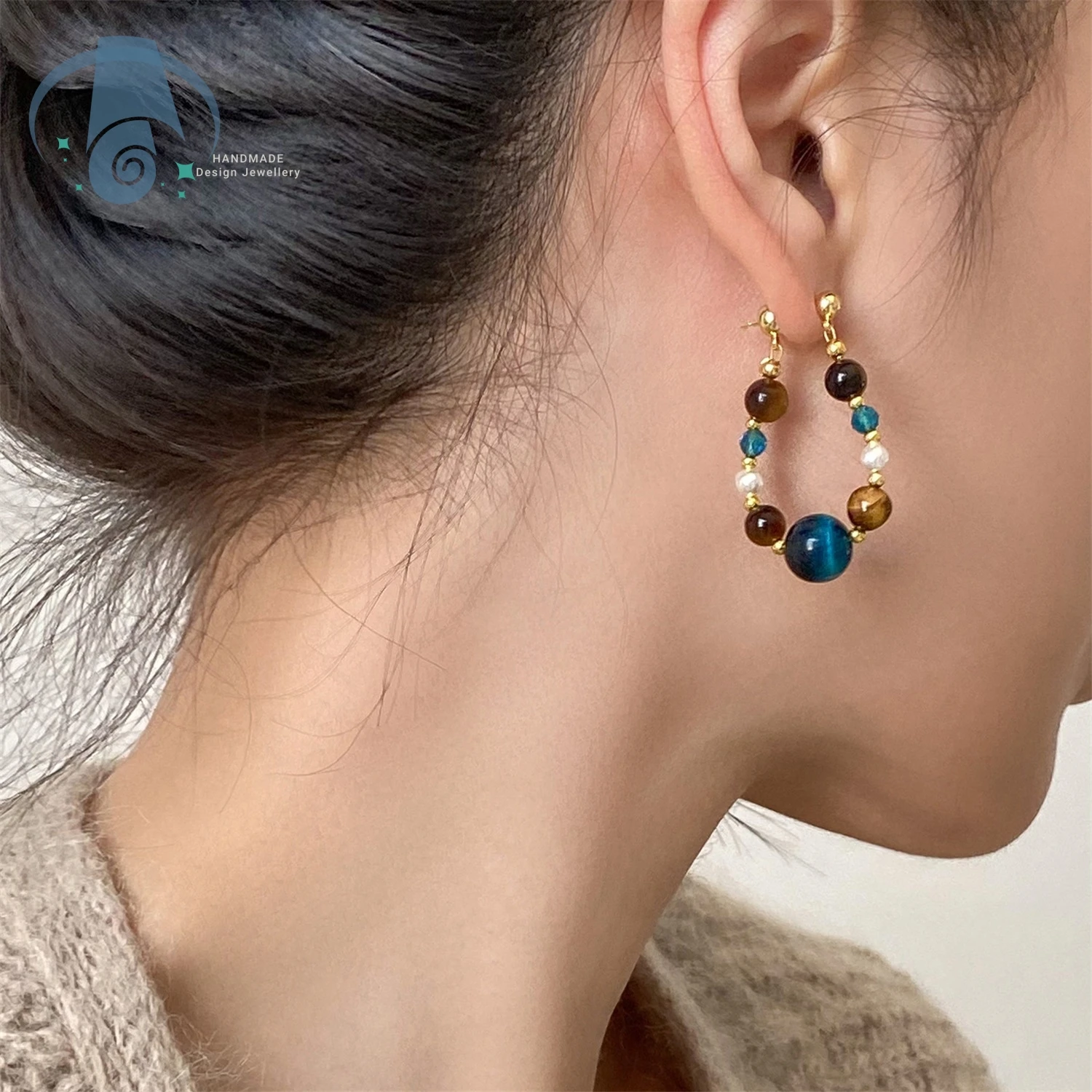 Colorful Beaded Jade Earrings Women New Chinese Style Ethnic Design Elegant Handmade Ear Studs with Gemstones Minority Fashion