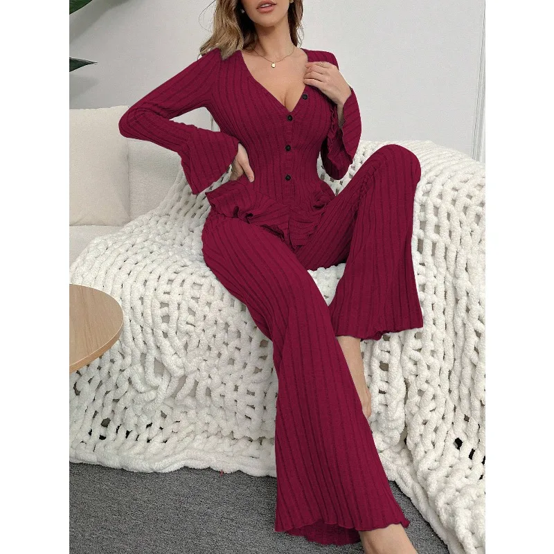 

Women Sleepwear Autumn Winter Pajamas Sets Two Pieces Sexy V Neck Long Sleeve Tops and Trousers Set Loungewear Home Clothes