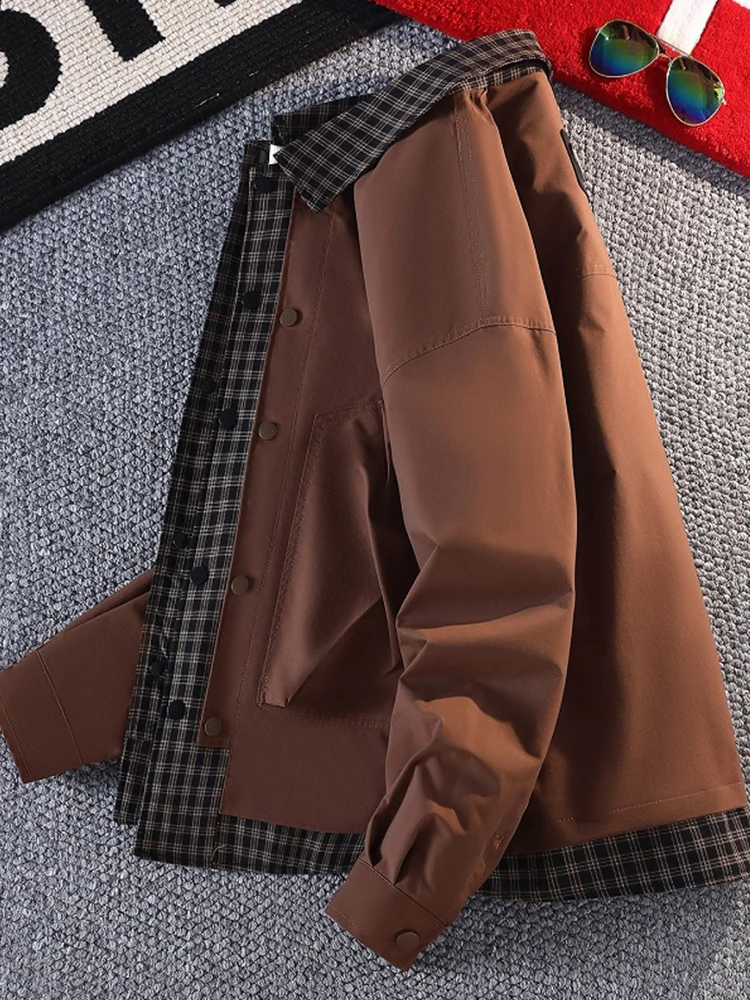 

Retro American Brown Workwear Jaet Men's Spring Autumn New Trendy Brand Haome Plaid Splicing Baseball orm Coat