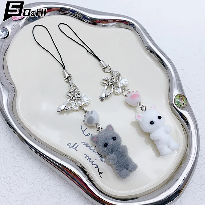 1Pcs Kawaii Flocking Cat Pendant Phone Lanyard Y2K Cute Bow Kitten Phone Chain Korean Mobile Phone Charm Keycord Girl Gifts