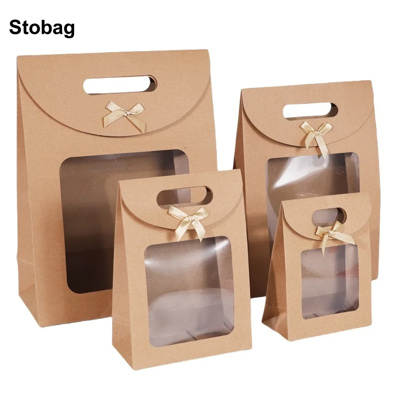 

StoBag 12pcs Flipped Bow Kraft Paper Gift Box with Window Tote Packaging Candy Sweets Food Storage Baking Birthday Party Favor