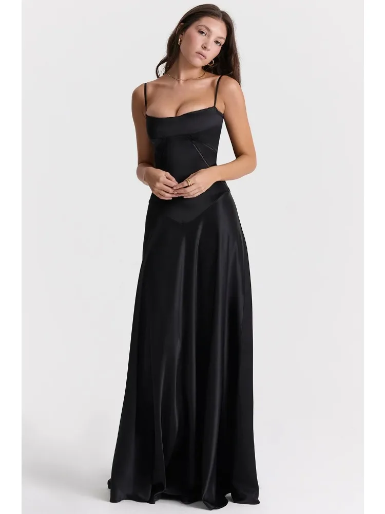 Women Elegant Sexy Evening Maxi Gown Spaghetti Strap Backless Drawstring Slim Fit Long Dress for Cocktail Wedding Guest Party