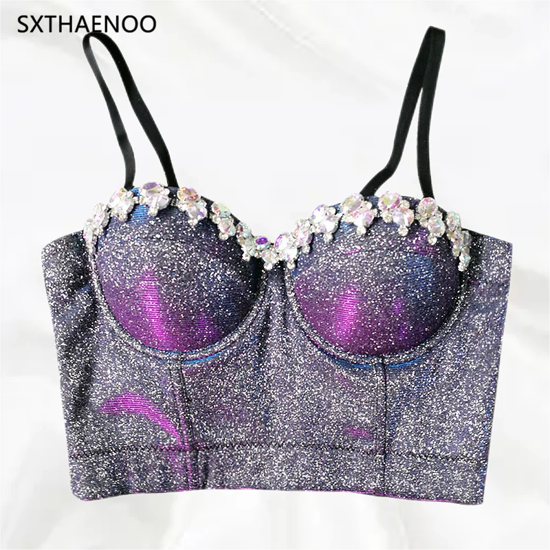 

SXTHAENOO Fashion Purple Diamond Sling Crop Top Sexy Backless Glitter Women's Corset Top топ женский ropa de mujer майка женская