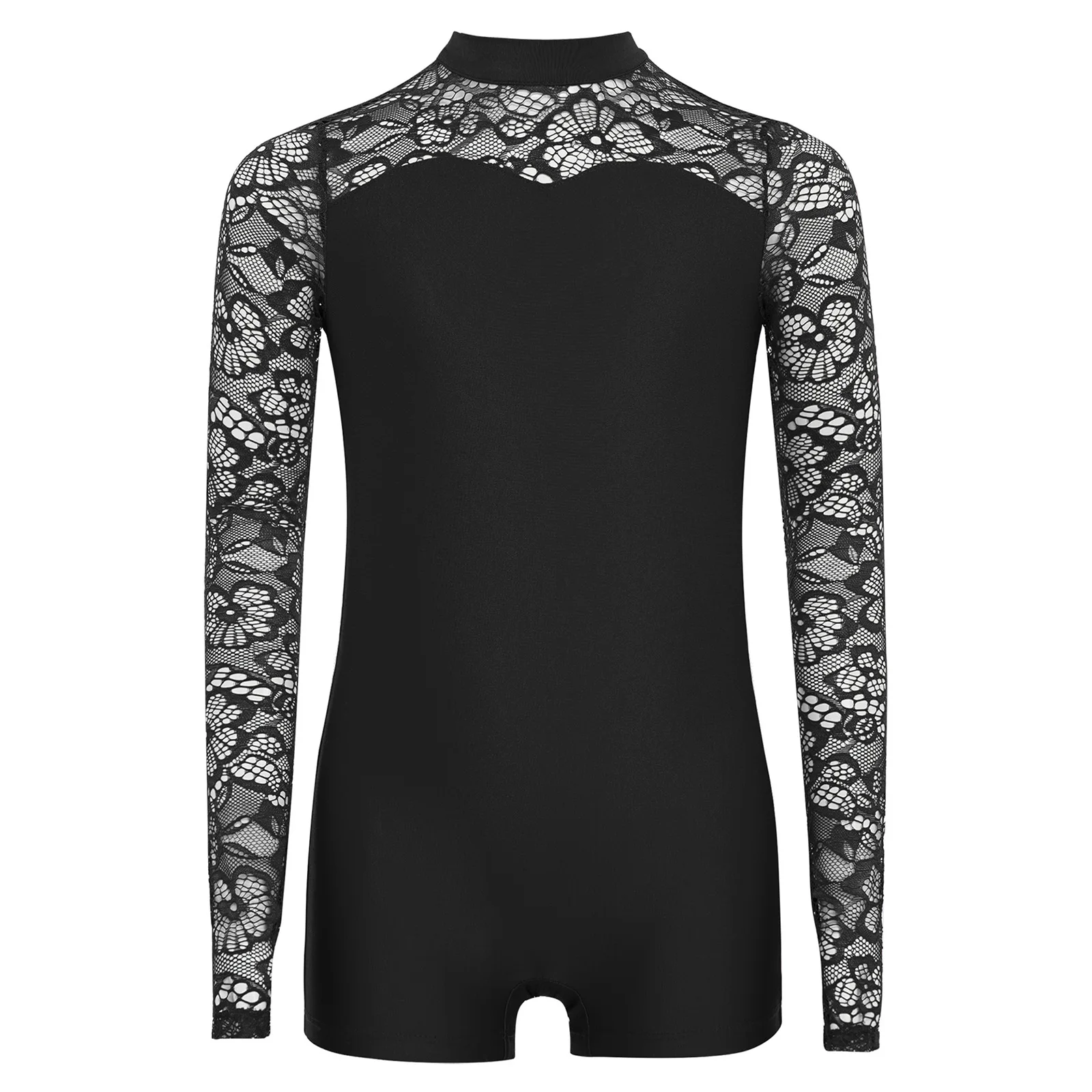 

Kids Girls Figure Skating Gymnastics Ballet Dance Jumpsuit Sheer Lace Long Sleeves Leotard Bodysuits for Performance Competition