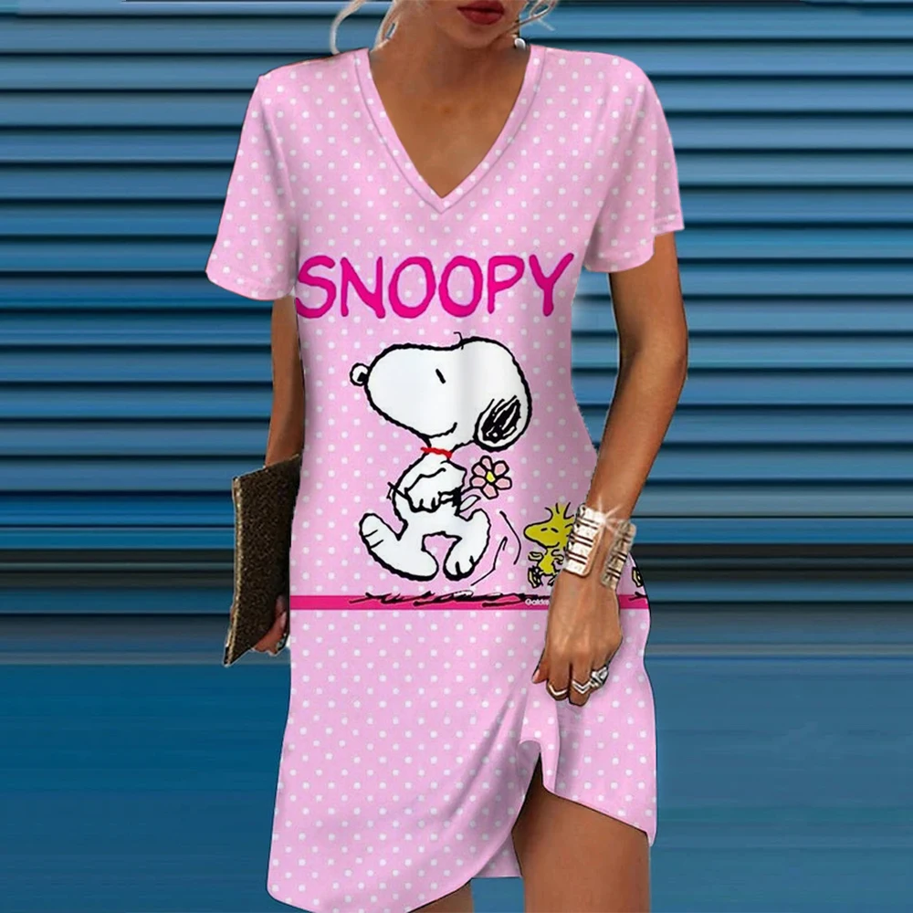 

2024 Summer Beach Mini Dress Women New Snoopy print Short Sleeve Dress Casual Holiday Loose Plus Size Female Clothing Sundress