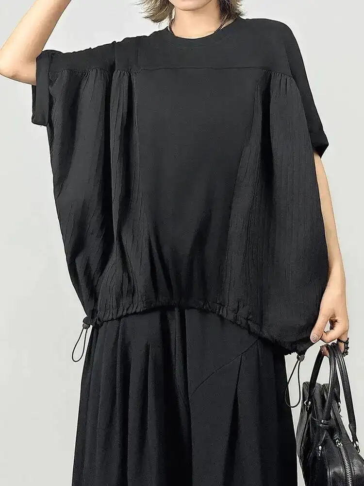 Black Drawstring Women Big Size T-shirt New Round Neck Short Batwing Sleeve Fashion  Spring Summer 2026 8707 view 6