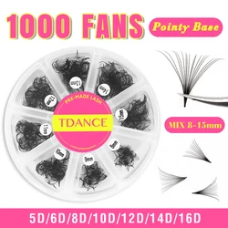 TDANCE 루즈 선풍기 혼합 길이 뾰족한 베이스, 프리메이드 팬, 얇고 슬림한 중간 스템 볼륨 러시아 속눈썹 연장, 1000 팬