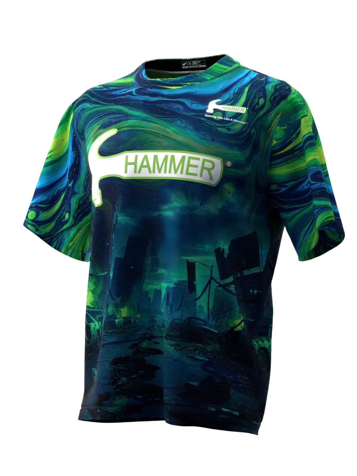 Fluid Swirl Post-apocalyptic City Art Bowling Jersey Short Sleeve, Quick Dry Breathable Fan Meetup and Sports Theme Gathering