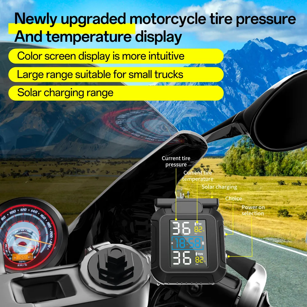 Motorcycle TPMS Solar Power Tire Pressure Monitor Real Time Tire Pressure Monitoring System Temperature Sensor Alarm System