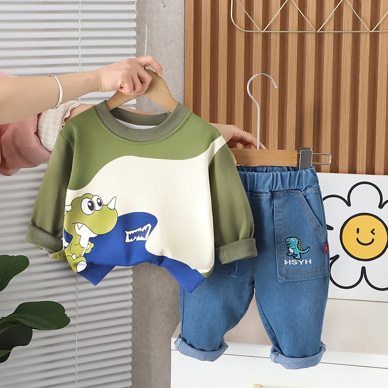 2024 New Spring Baby Boy Clothes 1 to 5 Years Causal Cartoon O-neck Pullover Long Sleeev T-shirts and Pants Kids Boys Outfit Set