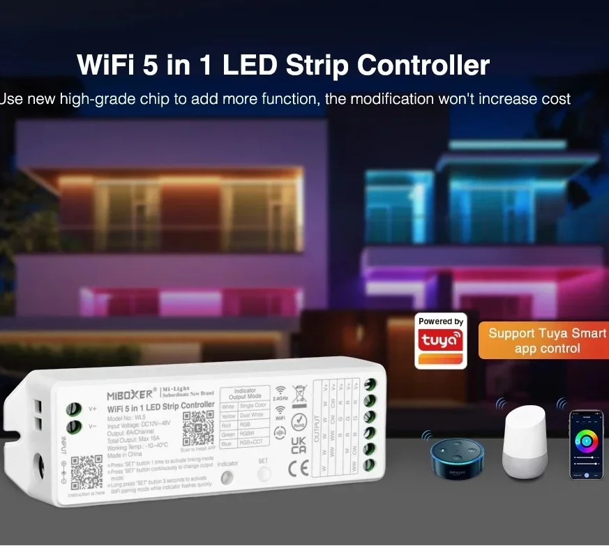 وحدة تحكم Miboxer WL5 WiFi 5 في 1 WiFi Led لشريط Led تدعم Tuya أو لا تدعم تطبيق Tuya/التحكم في تطبيق الصوت للحفلات الثالثة