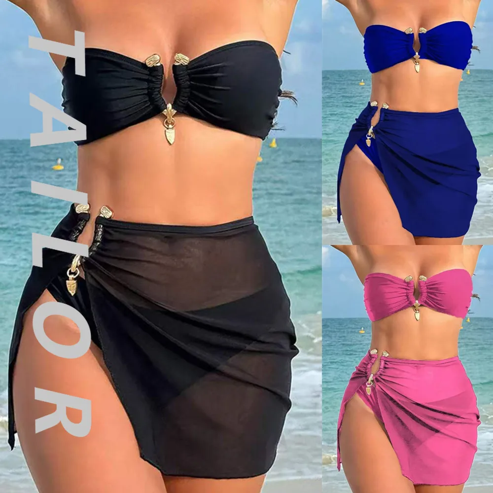 

Three-piece solid color bikini fashion sexy tube top swimsuit women's split bikini2025 new