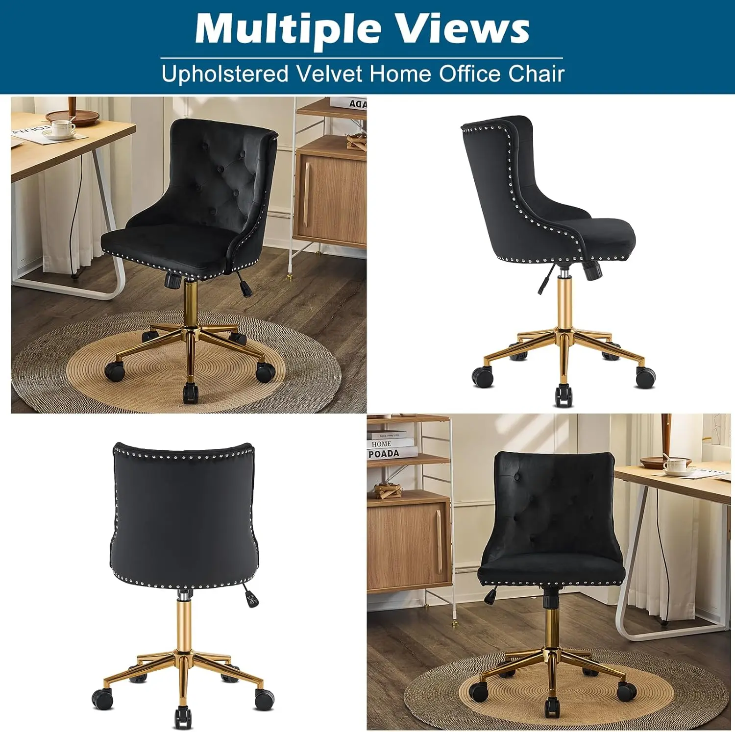 Black Velvet Armless Home Office Desk Chair with Gold Base/Wheels, Modern Small Rolling Task Accent Chair for Bedroom