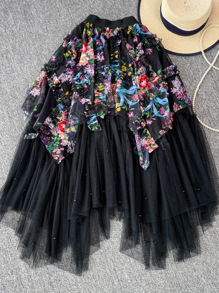 Elegant French Retro Beaded Sweet Printed Gauze Korean Floral A-line Skirt Women's Summer High Waist Irregular Princess Skirts