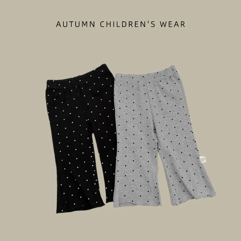 Girls' polka dot black fungus edge pants for infants and young children, spring autumn casual micro pull pants
