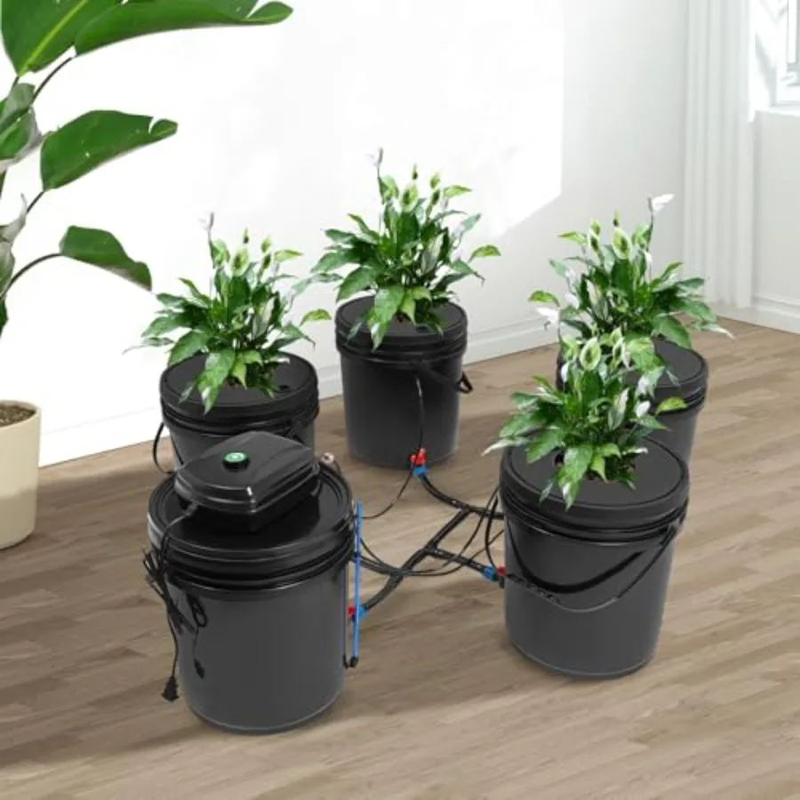 

Hydroponics Growing System Kit Deep Water Culture with 4 Planting Buckets 5.28Gal Capacity 12W Air Pump for Indoor Outdoor Vege