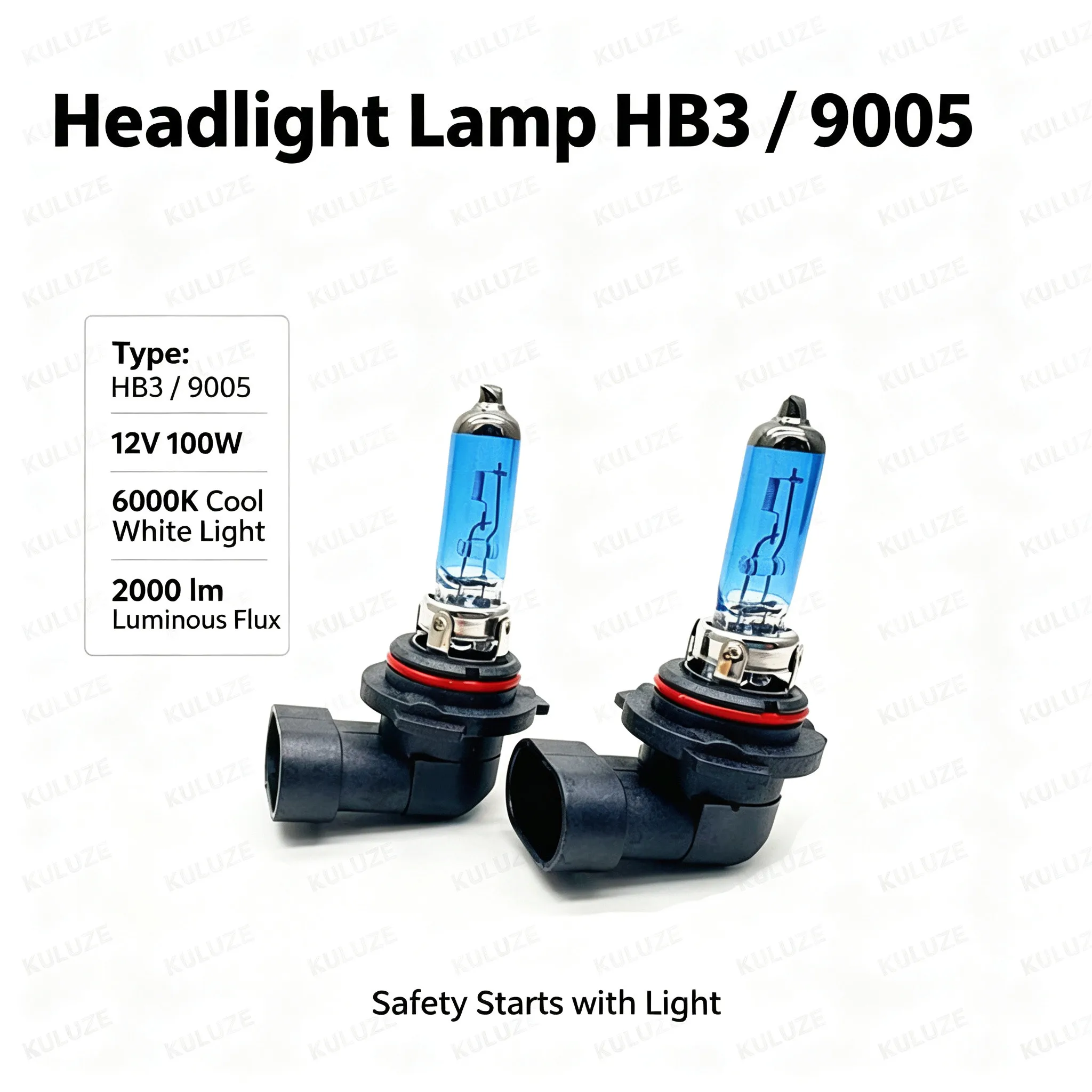 2 Pcs HB3 Headlight Lamps 9005 Super White 12V 100W Halogen Car Bulbs 6000K High Beam Platinum Quartz Glass for Vehicle