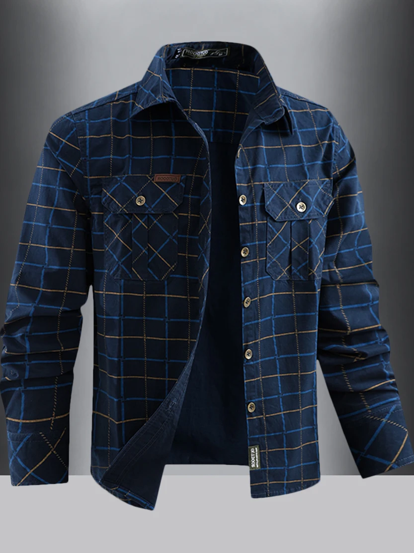 

Pure Cotton Men's Casual Plaid Shirt Vintage Wear-resistant Loose Double Pocket Trendy Outerwear Long Sleeve Button Closure