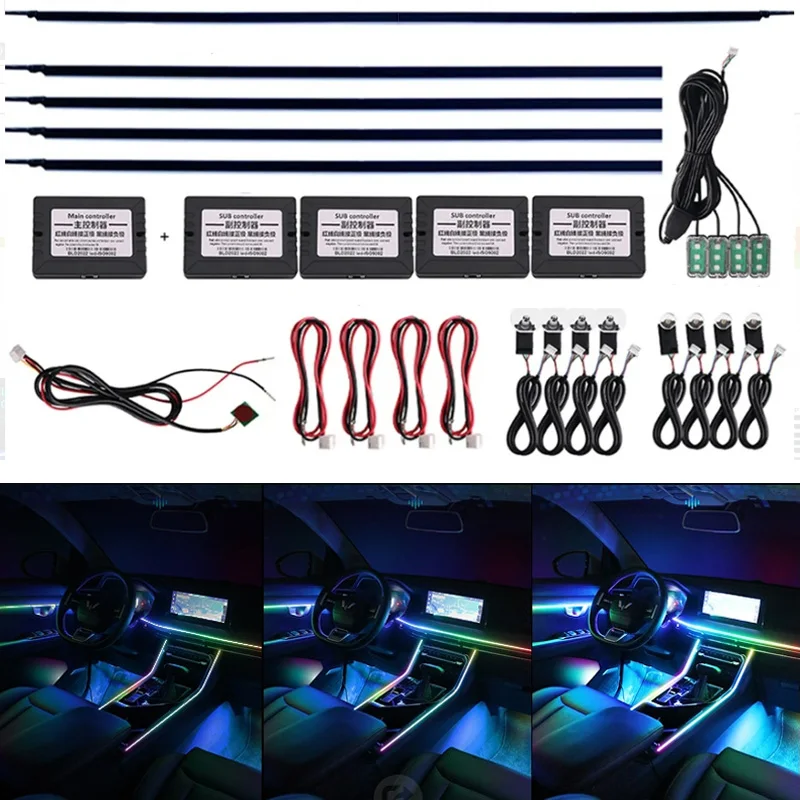 

18 in 1 Ambient Light For Car Interior 64 Color Breathe Dashboard Door Decoration LED Strip Lights Bluetooth App Control RGB 12V