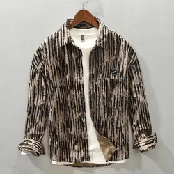 Men's Clothing Vintage Fashion Lapel Print Button Up Shirt Spring Autumn Casual Long Sleeve Pocket Loose Tops Camisas De Hombre
