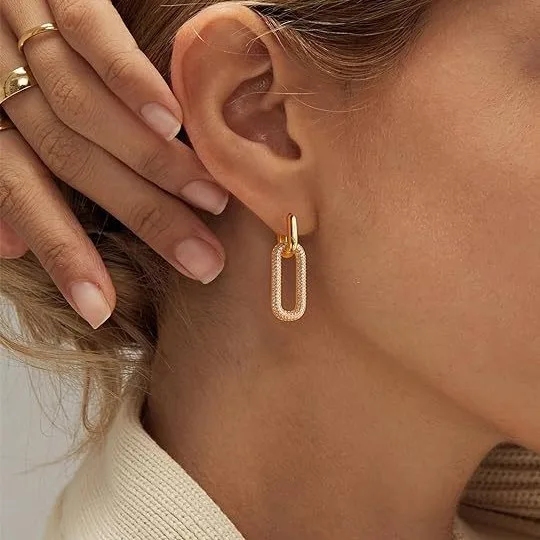 Trendy 18K Gold Plated Earrings for Women Paperclip Square Dangle Hoops Earrings Pin Stud Earrings Jewelry Christmas Gifts