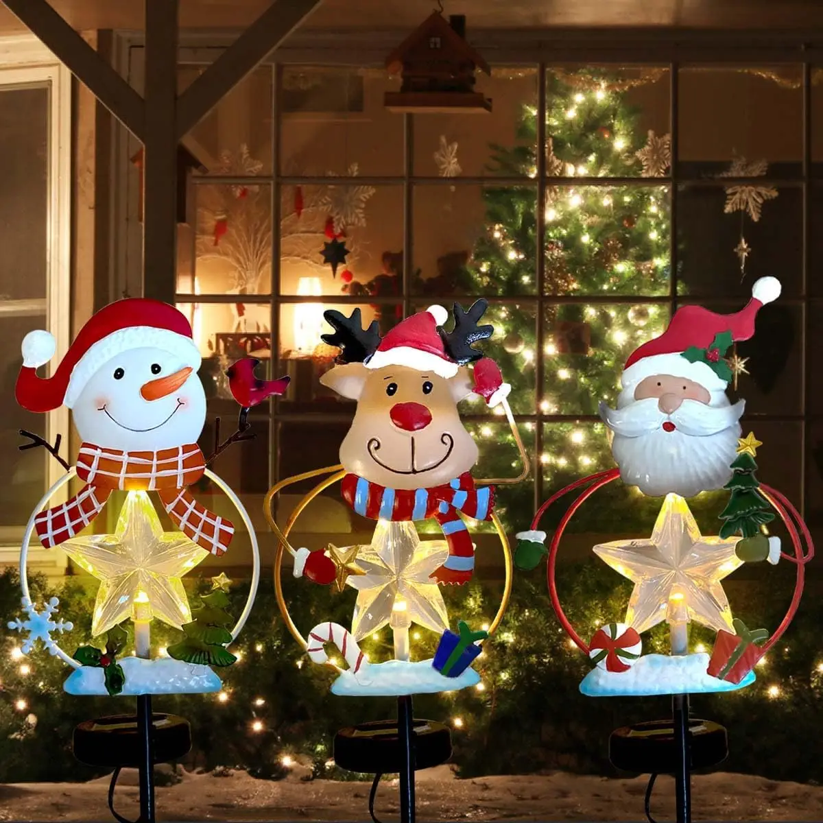 

Christmas Stake Decor, Outdoor Garden Solar Light Metal Snowman/Santa Claus/Reindeer Yard Stakes with Lights