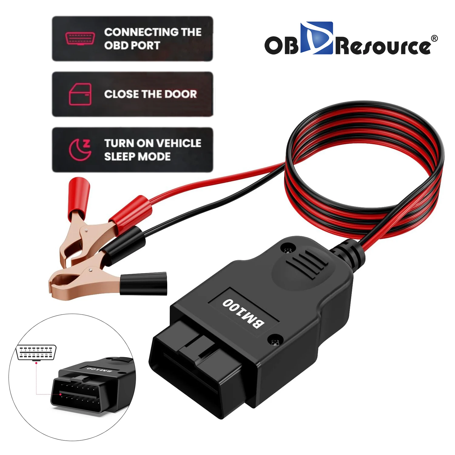 OBD II Car Memory Saver Cable with 2 Alligator Clips, 12V Vehicle ECU Emergency Power Supply Cable Battery Connector Diagnostic