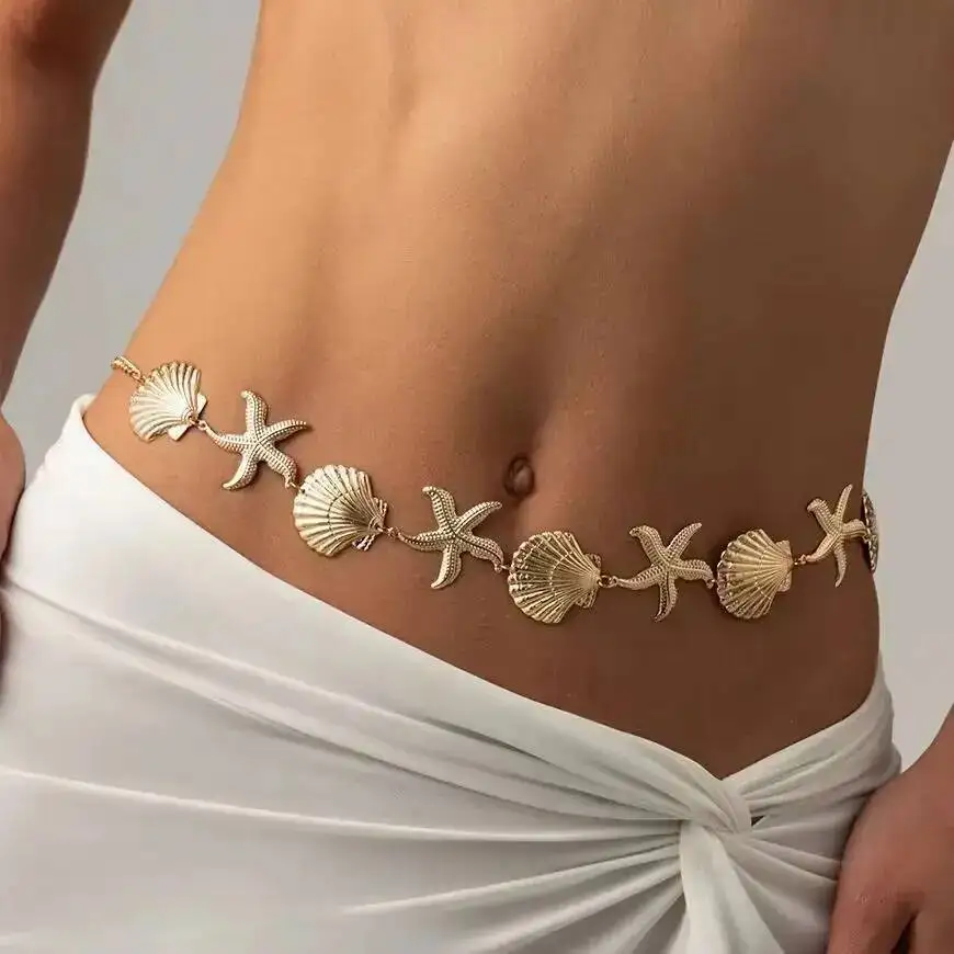 SHIXIN Boho Metal Starfish Scallop Waist Belly Chain Women Summer Beach Sexy Bikini Imitation Pearl Beaded Belly Chains Jewelry