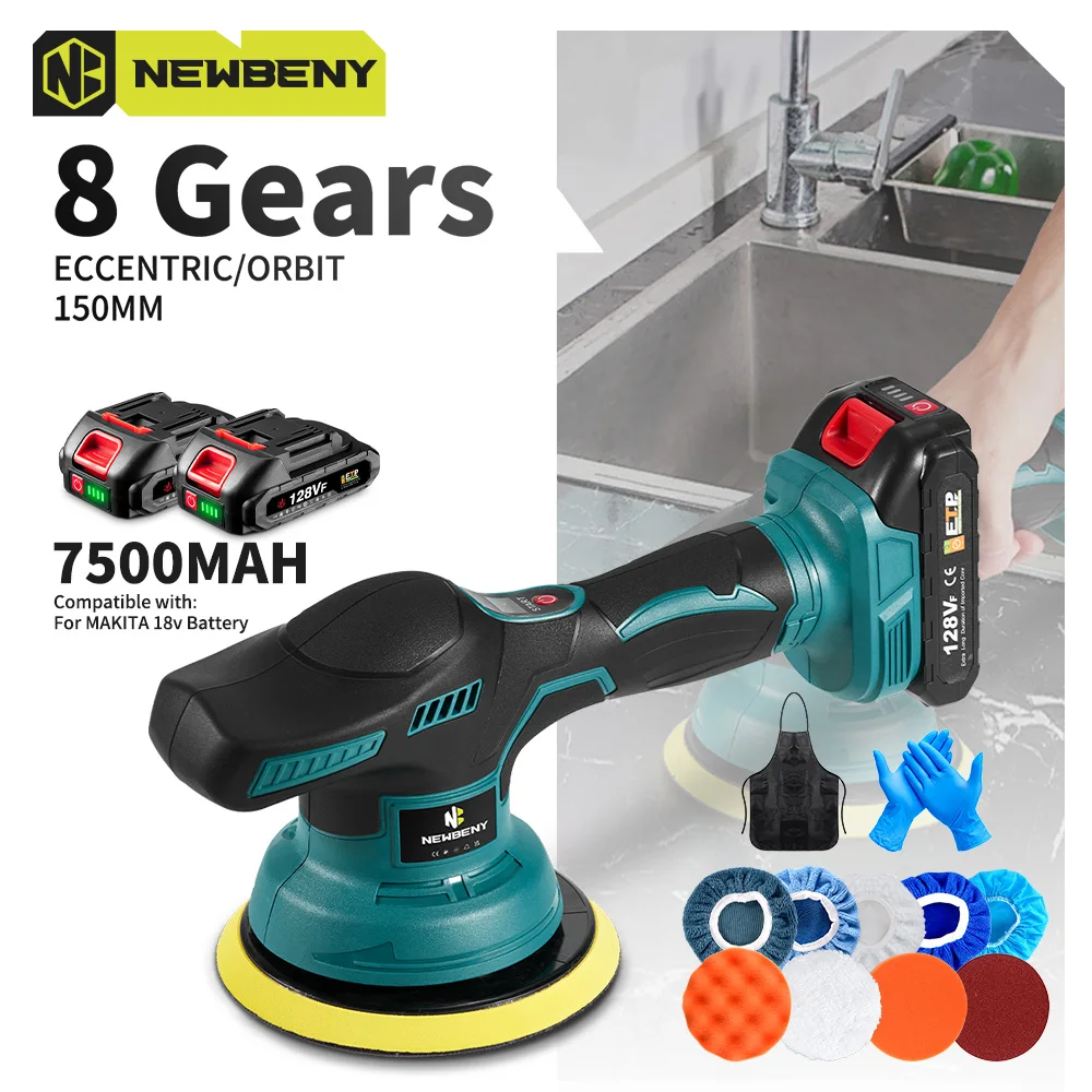 NEWBENY 150mm Cordless Electric Car Polisher 8 Gears Digital Display Polishing Waxing Sanding Beauty Tool For Makita 18V Battery