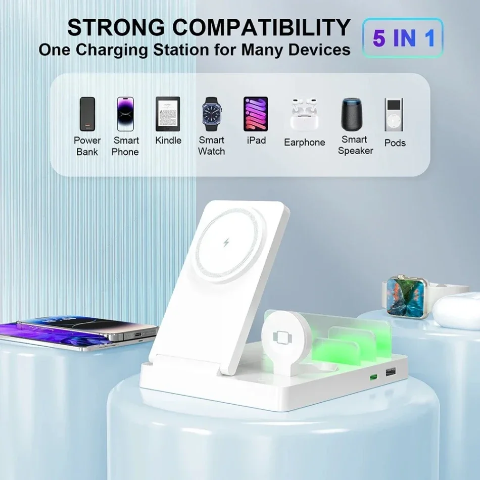 Складная магнитная беспроводная зарядная станция 5 в 1, USB PD, быстрая зарядка для iPhone 16, 15, 14, 13, 12 Pro Max Apple Watch 9 Airpods Pro 3
