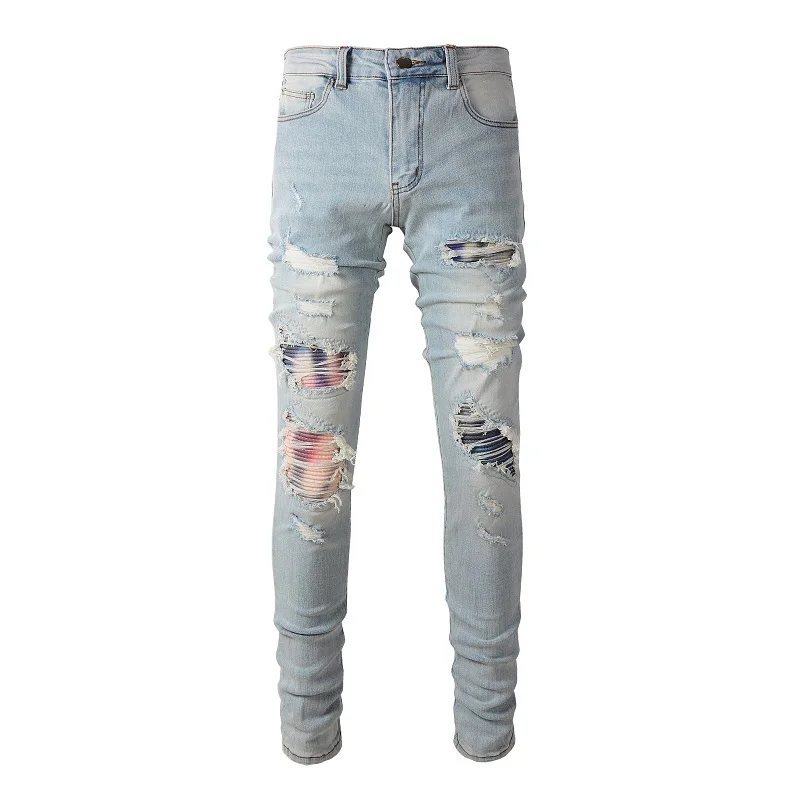 

US Drips Jeans Blue Streetwear High Stretch Distressed Colorful Patches Holes Moustache Slim Fit Ripped Jeans Men