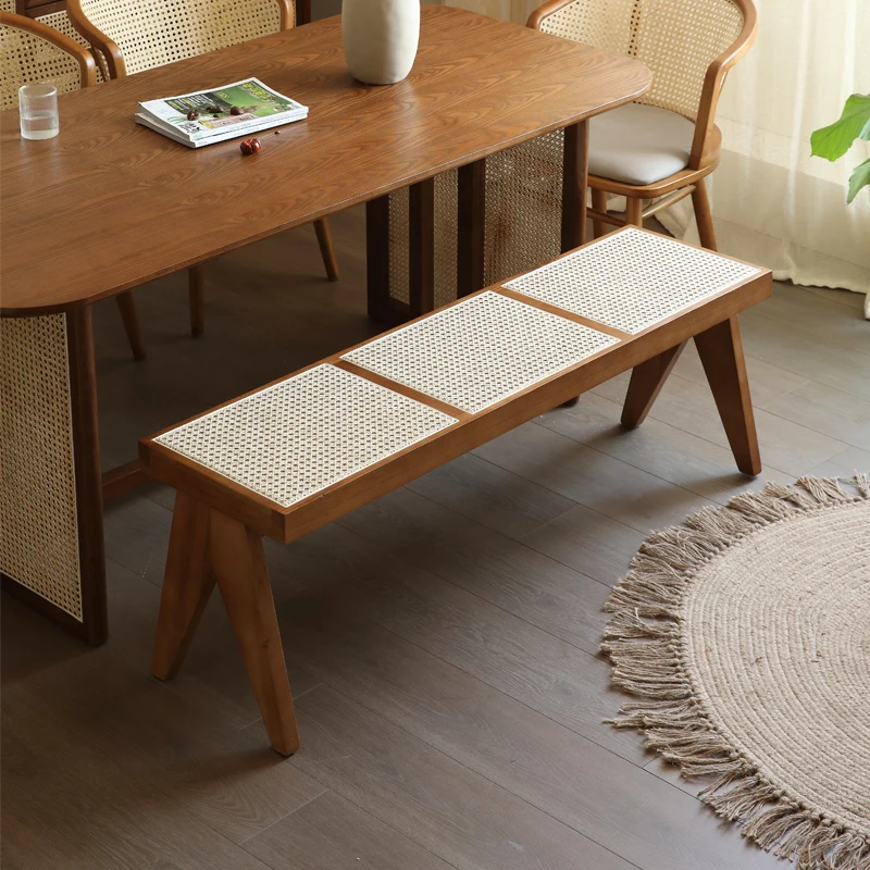 Taburete nórdico de mimbre de madera maciza para el hogar, mesa de comedor para cambiar zapatos, banco japonés para cama y desayuno, silla de mimbre, taburete de cabecera simple