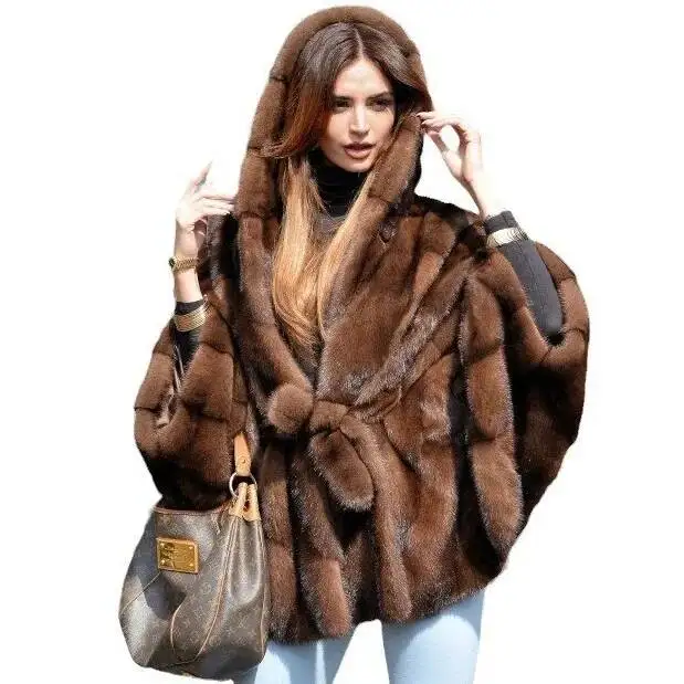 Veste d'hiver en fourrure de vison pour femme, avec ceinture, marron, manches chauve-souris, vêtements d'extérieur pour femme, Slim, manteau en fourrure écologique