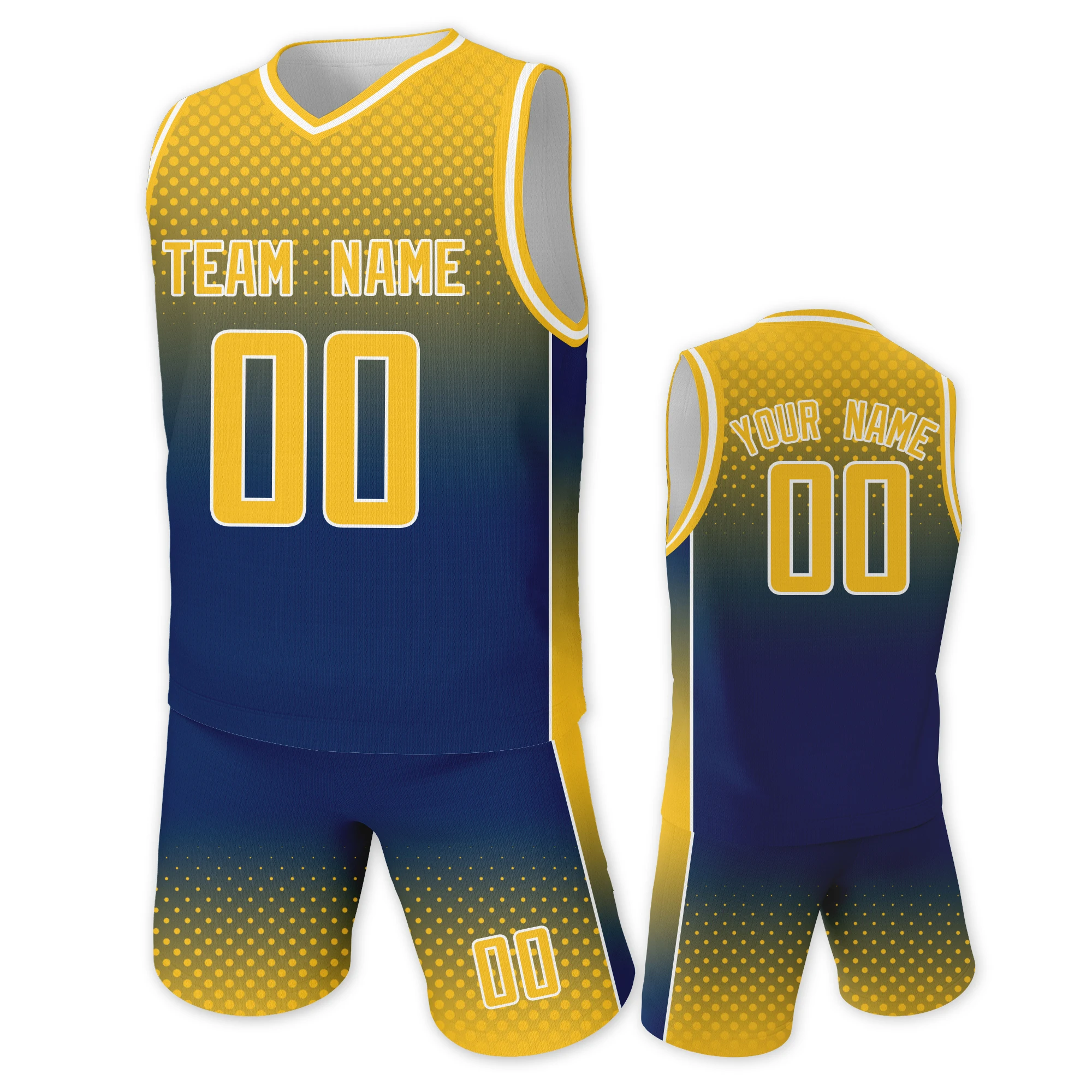 Custom Basketball Jersey with Shorts for Boys＆Girls Sublimation Team Name Number Kids Basketball Uniforms Gold Navy Gradient Kit