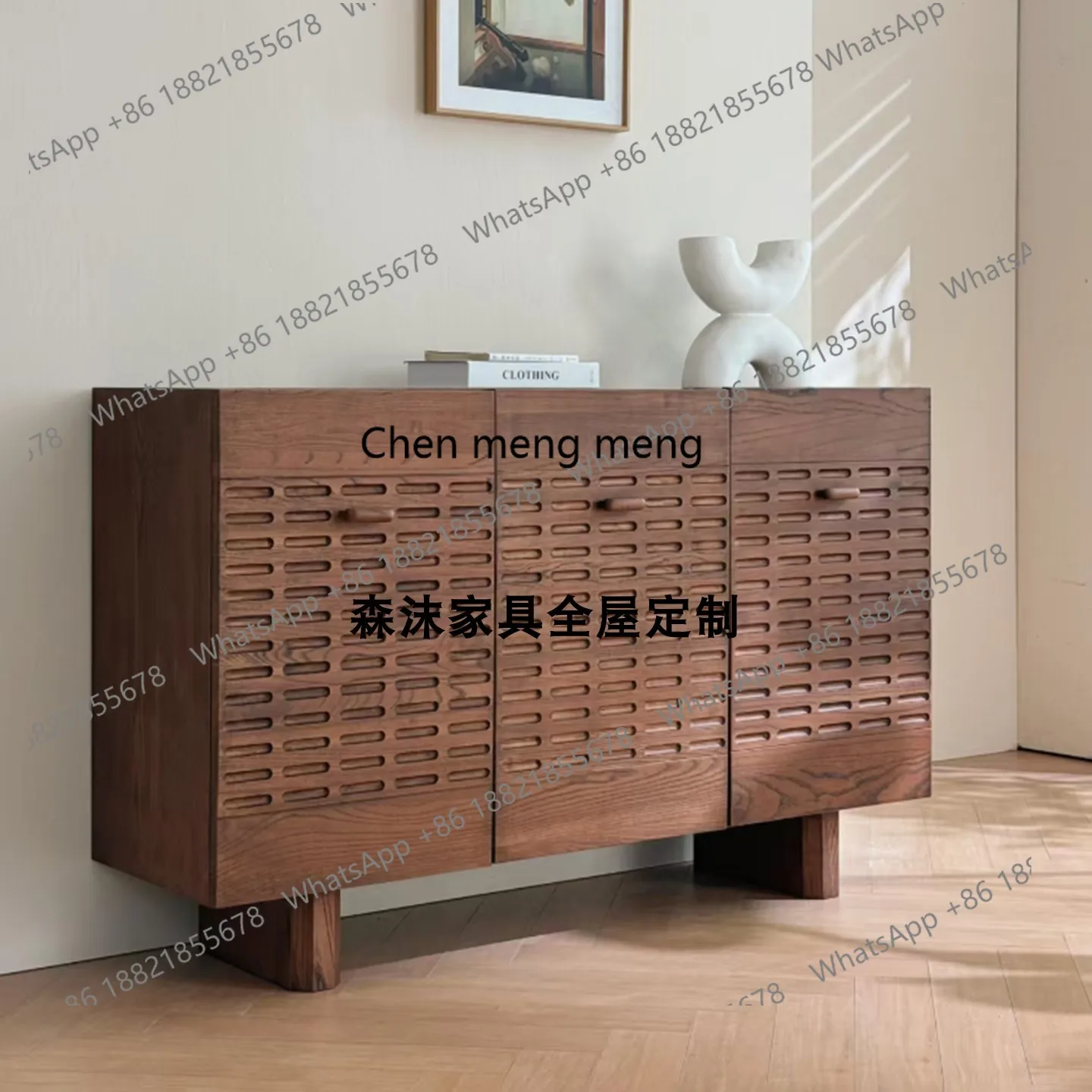 

French medieval solid wood dining side cabinet high-end art wall locker American rural simple storage decorative cabinet