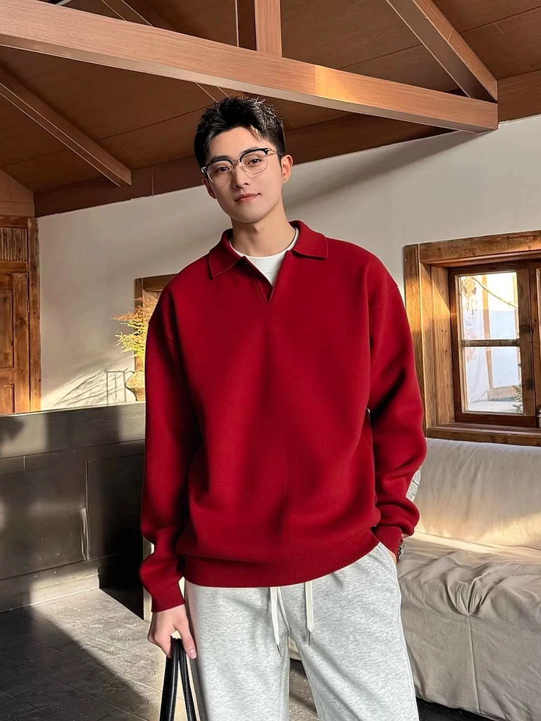 

Red V-Ne Knitwear Loose Fit Casual Sle for Men Autumn Winter Faion Comfortable Versatile Lazy Sweater Casual Knitwear